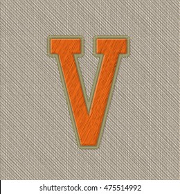 Color Vector Realistic Embroidery Patch Alphabet. Editable Colors. Letter V