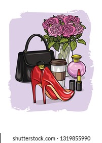 Color vector realistic illustration of shoes, cosmetics, accessories for women. Set of women's wardrobe items. Design elements for greeting card for birthday or International Women's day