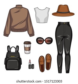 Color vector realistic illustration of women's casual clothing. Set of youth style of girl's clothing and accessories isolated from white background. Clothing, shoes, hat and accessories for the fall