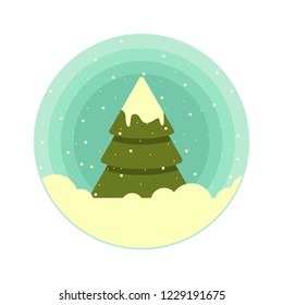 Color vector rounded icon of a Christmas tree in the snow.