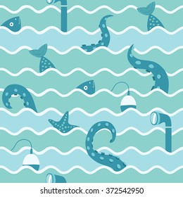 Color vector seamless background. Illustration of octopus tentacles, fish, float and starfish and periscope of submarine in the waves illustration.Fishing trip