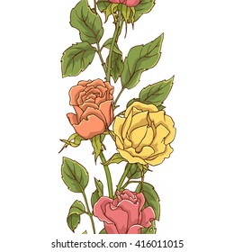 Color vector seamless floral border with yellow, orange and pink rose flowers.