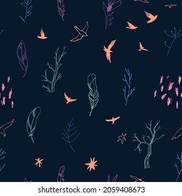 Rastreo fluido del vector de color con aves, plantas y manchas. Resumen de fondo dibujado a mano.