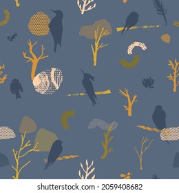 Color vector seamless pattern with birds, plants and stains. Abstract hand-drawn background.