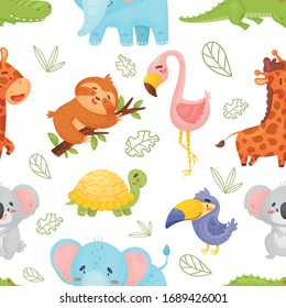 Color vector seamless pattern with cute tropical animals. The picture shows crocodile, elephant, giraffe, sloth, flamingo, koala, turtle, toucan and sheets of tropical trees on an isolated background