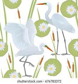 Color vector seamless pattern with detailed drawing of two Great Egrets, isolated on white background, canes and flowers and leaves of a water lily.