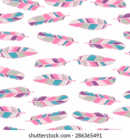 Color vector seamless pattern with feathers on white background. Pink, green, mint, purple, grey colors. Hand made doodle.