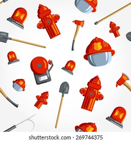 Color vector seamless pattern firefighter equipment. Flat icon background. Helmet, helm, ax, hatchet, axe, hook, hydrant, alert, alarm, siren.