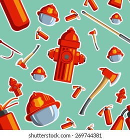 Color vector seamless pattern firefighter equipment. Flat icon background. Hydrant, fireplug, extinguisher, helmet, helm, ax, hatchet, axe, hook.