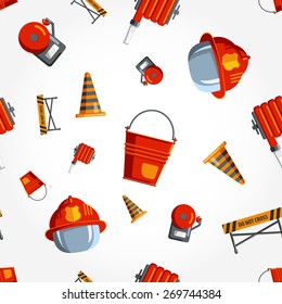 Color vector seamless pattern firefighter equipment. Flat icon background. Helmet, helm, bucket, traffic, cone, roadblock, alert, alarm, siren, buzzer.
