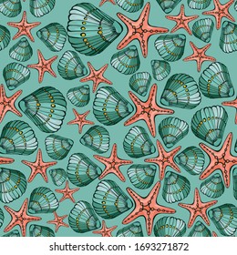 Color vector seamless pattern with hand drawn shell and starfish