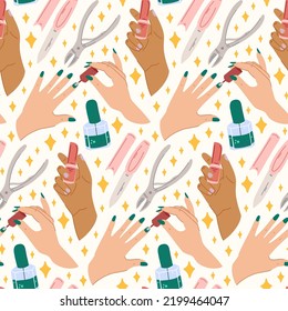 Color vector seamless pattern with the image of hands with a bright manicure. Background of nails paint and polish.