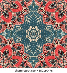 Color vector seamless pattern of mandalas.  Oriental ornament on a blue background. Template for design shawls, carpets, textiles.