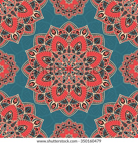 Color vector seamless pattern of mandalas. Abstract oriental ornament on a blue background. Template for design shawls, carpets, bedspreads.
