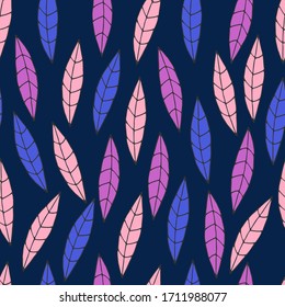 Color vector seamless pattern. Pink, purple, violet, blue leafage on black background. Decorative textile, wrapping paper design idea.