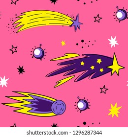 Color vector seamless pattern with space elements. Meteorites, stars, comets