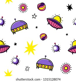 Color vector seamless pattern with space elements. UFO, meteorites, stars, satellites