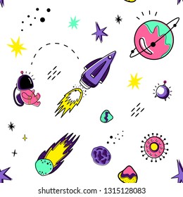 Color vector seamless pattern with space elements. Doodle style. Planets, meteorites, astronauts, stars, comets rockets satellites