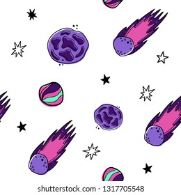 Color vector seamless pattern with space elements. Meteorites and comets.