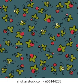 Color vector seamless pattern with sweet strawberries. Trendy doodle summer illustration.