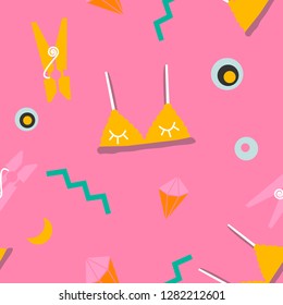 Color vector seamless pattern with underwear, bra, crystal, clothes pin. Fabric design illustration. Memphis design.