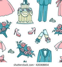 Color vector seamless pattern with wedding accessories.