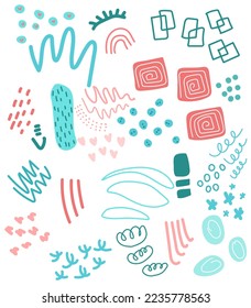 Color vector set of abstract elements, ink blots and doodle elements isolated on white. Winters colors.Artistic collection for design of business cards, postcards, banners, invitations

