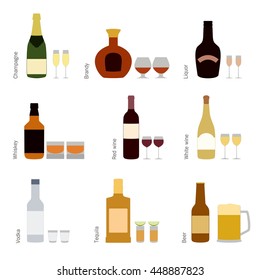 Color vector set of alcohol bottles with glasses icons, champagne,liquor, brandy,white wine, red wine, vodka, whiskey,tequila, beer isolated on white vector illustration. Alcohol drinks bottles icon.
