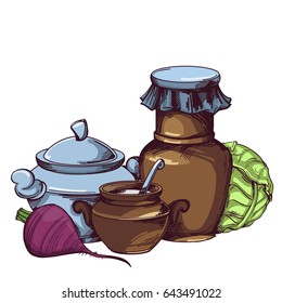 Color vector set of clay dihes with vegetables