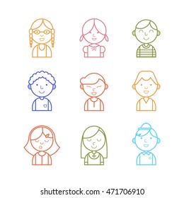Color vector set of different nationality kids avatar icon. Thin line design style. Girls and boys portraits for web.