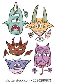 color vector set of drawn different funny monster faces