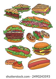 color vector set of drawn food sandwich, burger, hot-dog