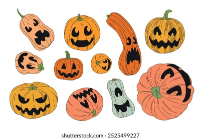 color vector set of drawn halloween pumpkins of different shapes and with different expressions