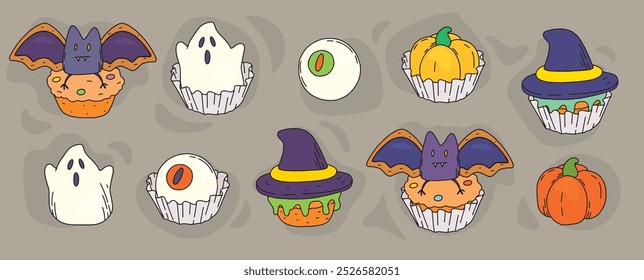 vetor de cor conjunto de desenhado vários doces de Halloween e cupcakes em um fundo cinza