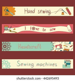 Color vector set of flat objects for sewing, handicraft, tailor shop. Sewing tools and sewing kit, sewing equipment, sewing machines, overlock machine. Information banners for use in design, web site