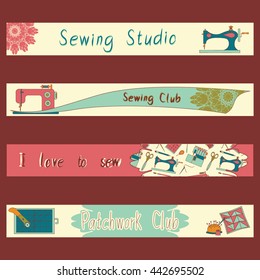 Color vector set of flat objects for sewing, handicraft, tailor shop. Sewing tools and sewing kit, sewing equipment, sewing machines, overlock machine. Information banners for use in design, web site