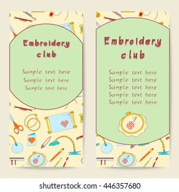 Color vector set of flat objects for embroidery, handicraft, hand made shop. Embroidery tools and embroidery kit. Cards for use in design, web site, business, scrap, postcards