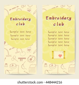 Color vector set of flat objects for embroidery, handicraft, hand made shop. Embroidery tools and embroidery kit. Cards for use in design, web site, business, scrap booking, postcards