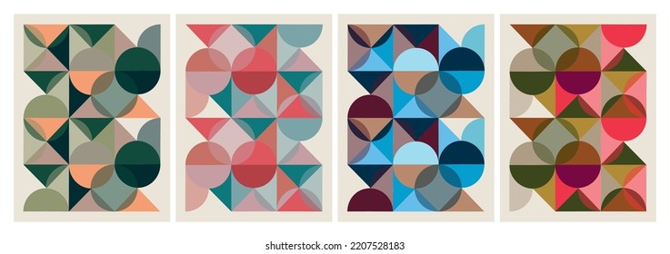Farbvektorsatz aus vier Poster mit geometrischen Formen und abstrakten Hintergründen. Das Poster eignet sich hervorragend für Poster, Webdesign, Markenpräsentationen, Albumdruck, Modetexturen.