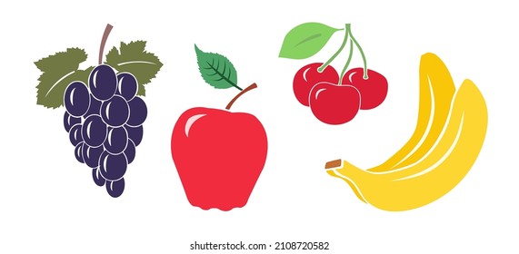 Color vector set of fruit icons: black grapes, red apple, red cherries and a bunch of yellow bananas. Pictures are isolated, on transparent background and ready to use