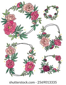 color vector set of hand drawn vintage wreath frames with red and light peony flowers, leaves and sparkles