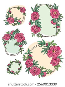 color vector set of hand drawn vintage wreath frames with red peony flowers and leaves