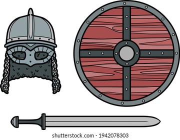 color vector set of helmet, sword and shield of the scandinavian viking
