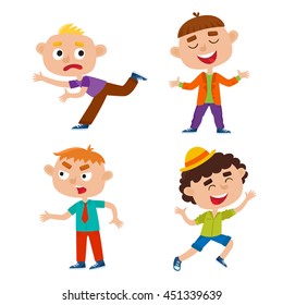 Color vector set of kids in various poses isolated on white. Happy jumping hipster kid.  Running boy. Angry stylish boy. Laughing boy. Cartoon children used for child books, stickers, posters.