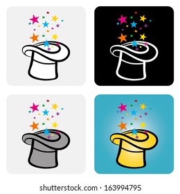 A color vector set of a magic tophat with stars popping out of it.