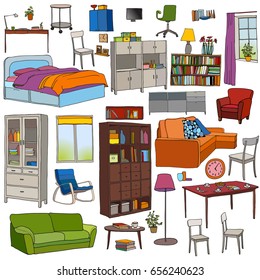 Color vector set of modern furniture objects: table, bookshelf, sofa, bed, armchair, cupboard, chairs, desk, window, pots.