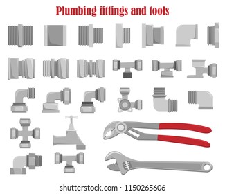 Color vector set of plumbing fittings and tools.