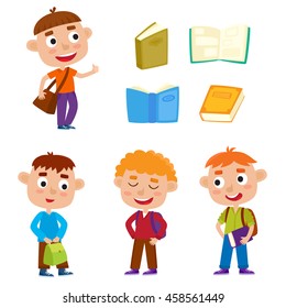 Color vector set pretty boys stand with books, bag and backpack. Happy kids isolated on white background. Funny cartoon character used for child books, stickers, posters.