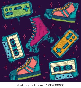 Color vector set of retro style elements. Audio cassettes, sneakers, video, gamepad.