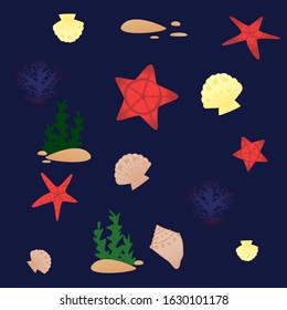 color vector set of starfish, shells, mollusks, stones and algae on a blue background. illustration with elements of summer sea nature. For design postcards.